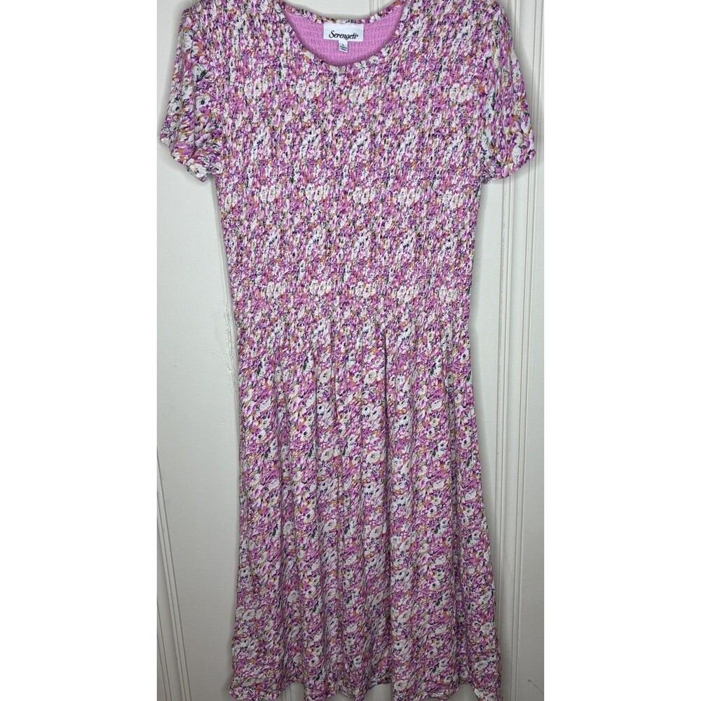 Pink Floral Midi Smocked Short Sleeve Dress Sz L Cottagecore Feminine Romantic